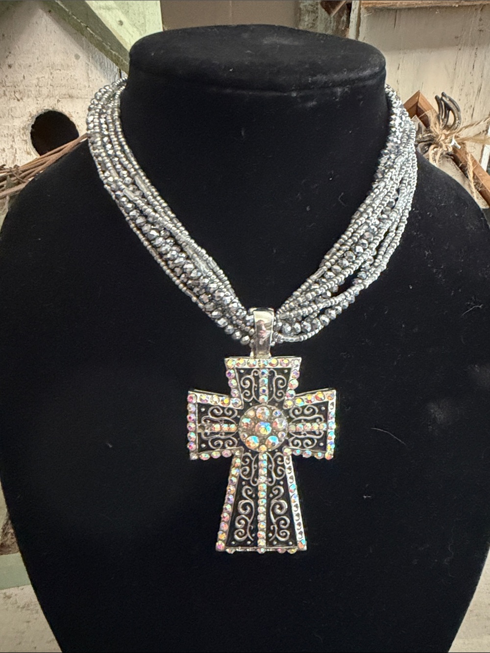 Rhinestone Cross Pendant Necklace Silver Plated